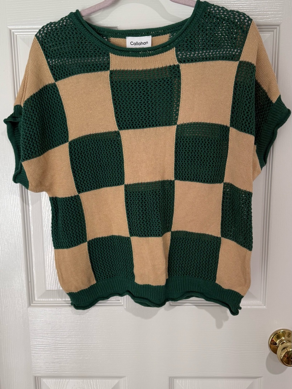 Callahan Checkerboard Knit Top in Dark Green and Tan